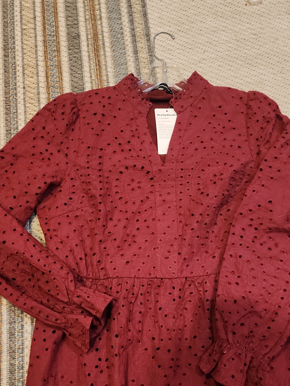 Eyelet Tiered Long-Sleeve Dress in Wine